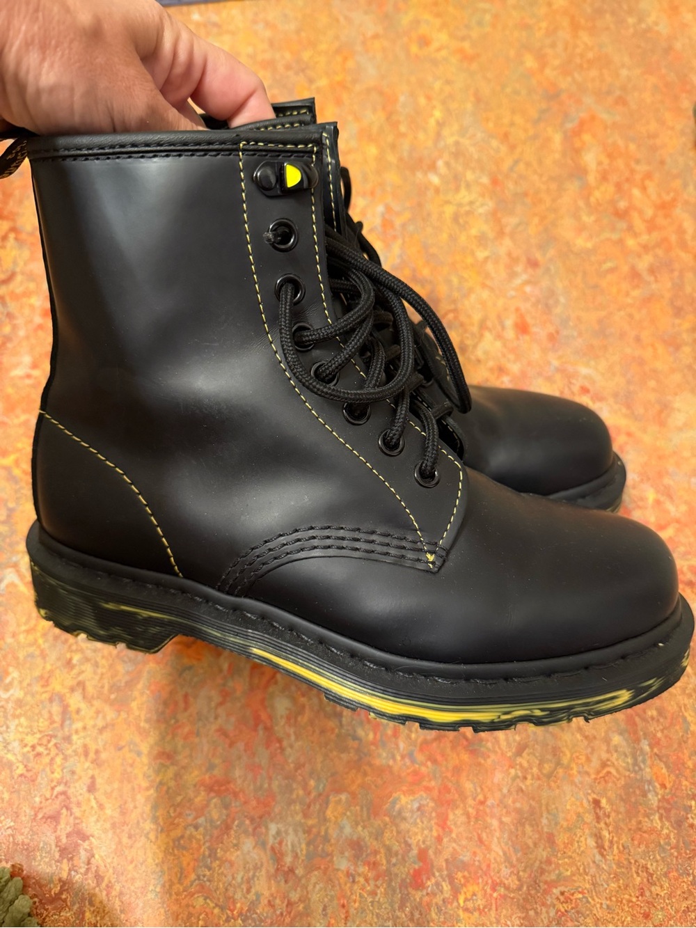 Dr. Martens Black Leather Lace-Up Boots with Yellow Accents 6 Womens- authentic